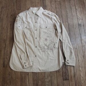 Ralph Lauren RLL Button Down‎ Shirt Utility Twill Long Sleeve Tan Embellished